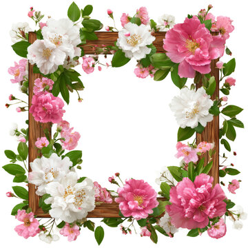 Square wooden frame with pink and white cherry blossom flowers and green leaves