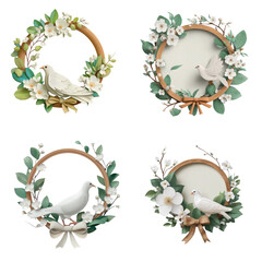 Collection of Round Wooden Spring Wreaths with White Doves and Floral Ribbons