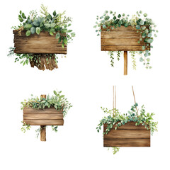 Rustic Wooden Signs with Watercolor Greenery and White Flowers Collection