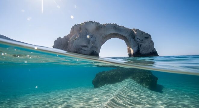 Split-level view of natural sea arch formation over turquoise wa