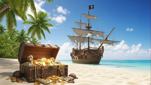 Pirate Ship and Open Treasure Chest on Tropical Beach