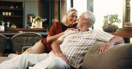 Love, laugh or old couple on sofa with connection, romance or bonding together in retirement....