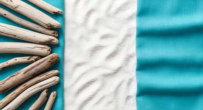 Weathered driftwood pieces against white sand texture and bright