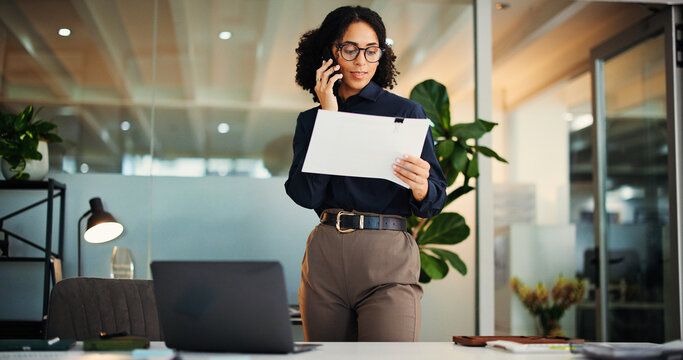 Business woman, accountant and documents with phone call for proposal or finance report in office. Female person, consultant or financial advisor with paper, mobile or budget advice for communication