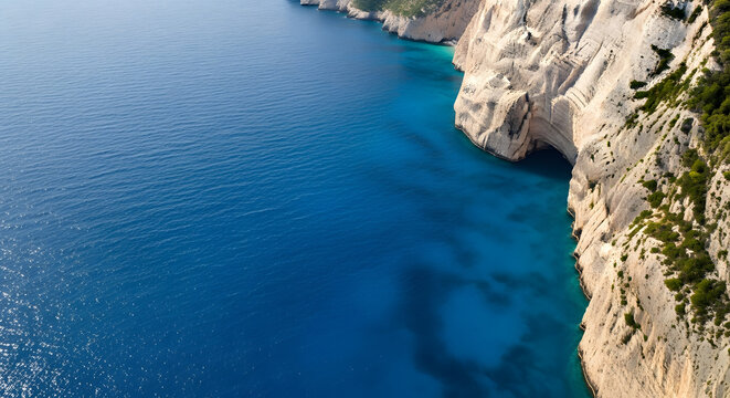 White limestone cliffs meeting deep blue Ionian Sea water in Zak
