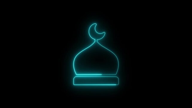 Masjid ,Glowing neon Masjid icon isolated on black background. Neon mosque outline animation for Islamic holiday celebration and ramadan kariem design. Glowing neon mosque silhouette with crescent moo