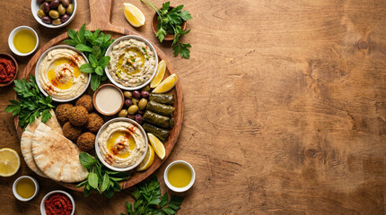 Traditional Middle Eastern Mezze Platter with Hummus Baba Ganoush Falafel and Pita Bread