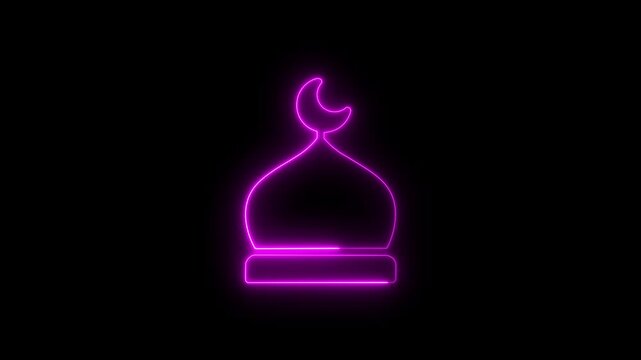 Masjid ,Glowing neon Masjid icon isolated on black background. Neon mosque outline animation for Islamic holiday celebration and ramadan kariem design. Glowing neon mosque silhouette with crescent moo