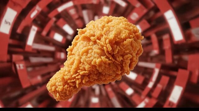 Crispy Fried Chicken Drumstick with Textured Golden Crust in Dynamic Red and White Abstract Background, Creating Striking Visual Contrast