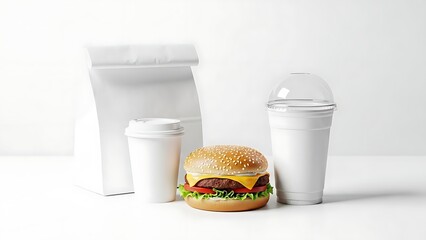 Fast food meal with burger and drinks on white background.