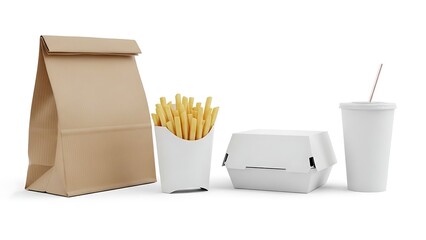 Fast Food Meal with Burger, Fries, Drink, and Paper Bag Isolated on White Background.