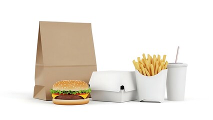 Fast food meal with burger, fries, drink, and paper bag on white background.