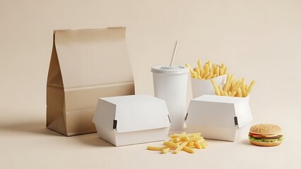 Fast food meal with burger, fries, drink, and paper bag on a plain background.