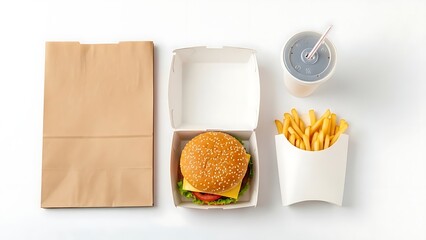 Fast food meal with burger, fries, drink, and paper bag on white background.