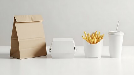 Fast food meal with paper bag, burger, fries, and drink on a white table.