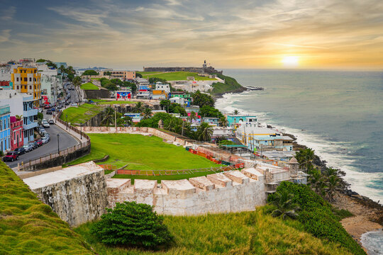 Aerial view of the Bastion of San Sebastian along the city walls of the Old San Juan, Puerto Rico - Coastal colonial fortifications in the Caribbean Sea