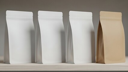 Four blank packaging bags, three white and one brown, stand in a row on a shelf.