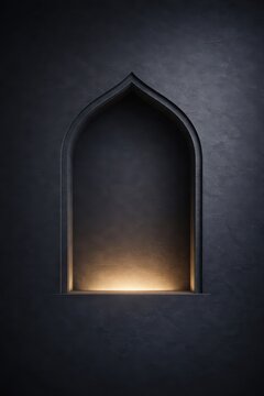 A sophisticated dark wall with a glowing arched niche casting a warm, inviting light