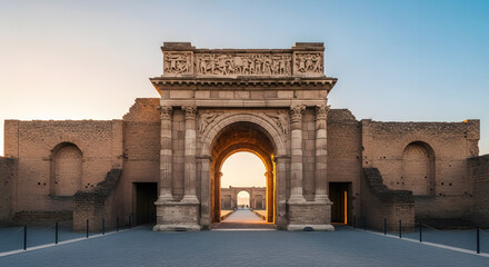Obraz premium Ancient Roman Archway and Ruins of Herculaneum at Sunset, Campan