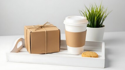 Gift box and coffee cup on a tray with a plant and cookie.