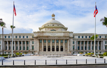 The grand neoclassical marble facade of the Capitol of Puerto Rico in San Juan