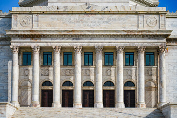 The grand neoclassical marble facade of the Capitol of Puerto Rico in San Juan