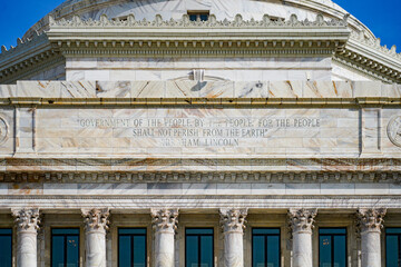 Naklejka premium The grand neoclassical marble facade of the Capitol of Puerto Rico in San Juan