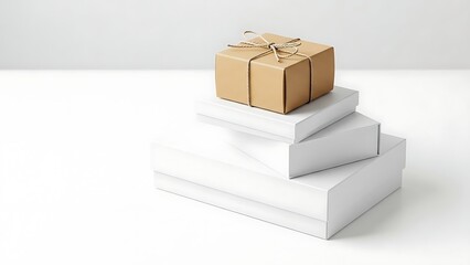 Gift Box on Stacked White Pedestals Against White Background.