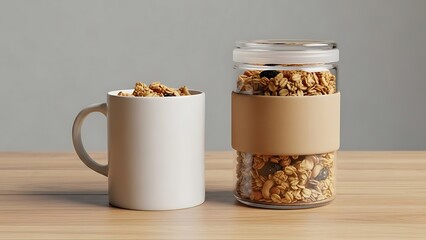 Healthy Breakfast Cereal in a Mug and Jar on a Wooden Table.