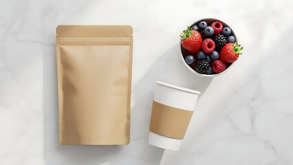 Healthy breakfast with fresh berries and coffee in a paper cup next to a pouch.