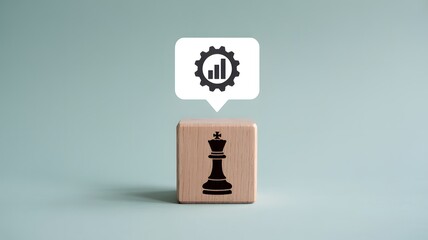 A minimalist business concept photograph featuring a chess king piece with a cogwheel and bar chart icon in a speech bubble symbolizing strategy and growth