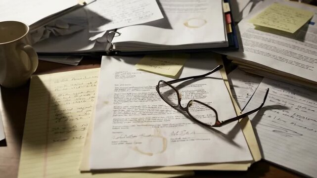Cluttered Desk with Scattered Papers, Coffee Cup, Glasses, and Documents Busy Work Office Environment