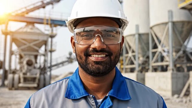 Smiling Constructor in the Workplace: A skilled constructor stands confidently, protected by safety glasses and helmet, with a backdrop of industrial structures.