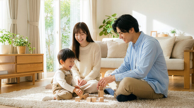 リビングで積み木で遊ぶ子供を見守る両親