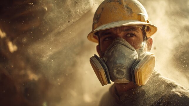 Construction worker with protective mask dust and particles