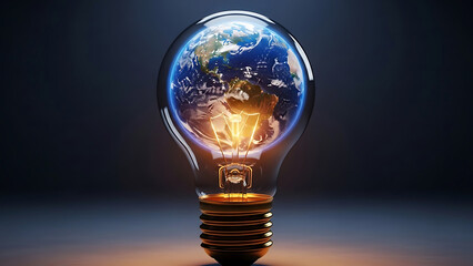 Illuminated light bulb containing planet earth glowing with energy
