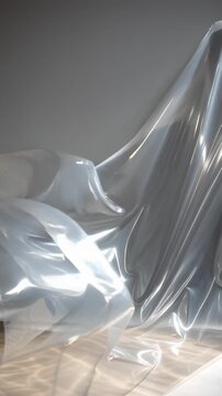 Translucent, flowing material exhibiting bright reflections and warm light refractions on grey backdrop
