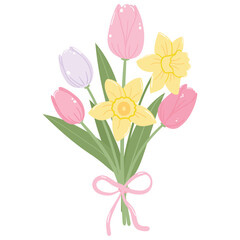 Pastel Tulip and Daffodils Flower with Green Leaves Illustration