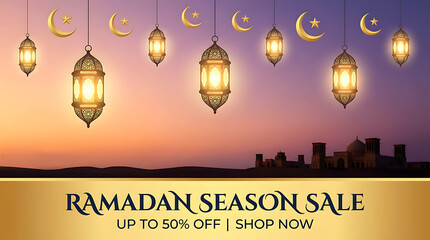 Ramadan Season Sale Background with Golden Lanterns and Mosque