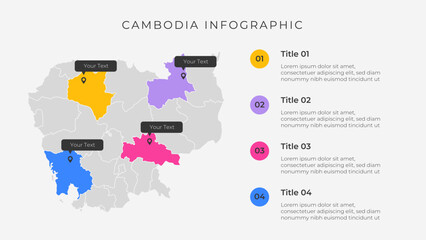 Cambodia map infographic template with 4 options. Cambodia administrative map infographic for presentation.