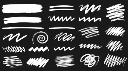 Hand drawn chalk and charcoal marks. Rough strokes and scribbles with grunge pastel pencil texture. White underline doodles and sketchy brush bar elements © Creavlix