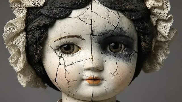 Split personality doll face with cracks