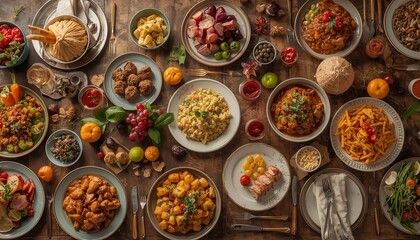 Fototapeta premium A beautifully set table with a variety of delicious food and dishes for a special occasion or celebration