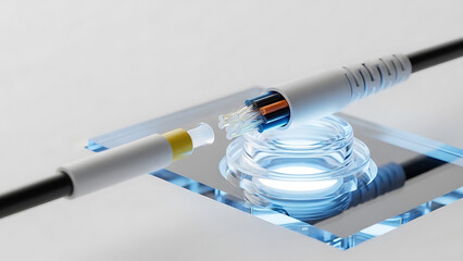 Advanced 3d visualization of fiber optic cable connection representing the essential infrastructure for high-speed data transfer in edge computing concept