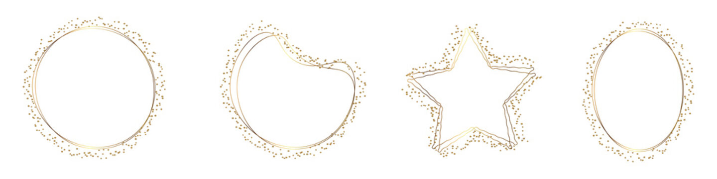Sparkling rectangle gold border with glitter texture. Festive frame isolated on white PNG	