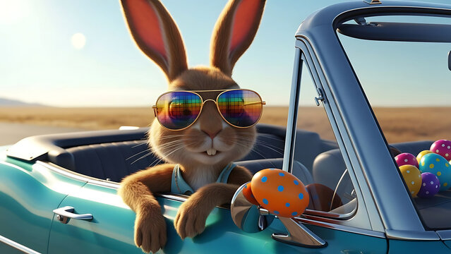 Funny easter bunny wearing sunglasses driving convertible car