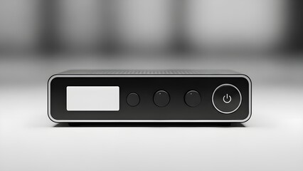Sleek black compact digital media receiver with a clear display and essential control buttons, symbolizing advanced home entertainment technology and modern electronic design