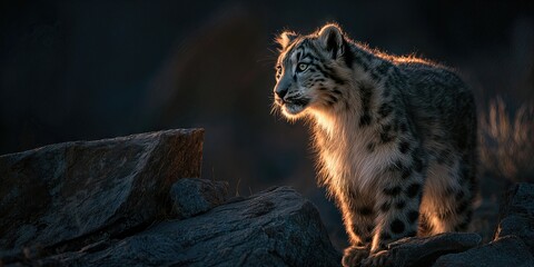 Obraz premium Golden Gaze: A captivating portrait of a snow leopard bathed in golden light, standing proudly on a rocky outcrop, observing the serene landscape.