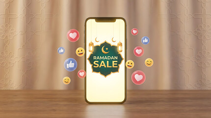 Ramadan Sale on Smartphone with Floating Social Media Reactions