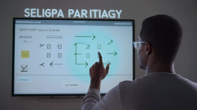 Adult Student Engaging with an Interactive Screen. Educational / eLearning & Up-skilling. Student touching an interactive wall screen or large tablet that displays a quiz interface or decision tree.

